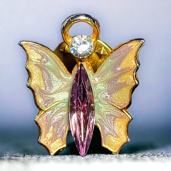 Vintage Guardian Angel Butterfly Lapel Pinback Pin Gold Tone Rhinestone Enamel - Picture 2 of 4